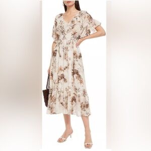 Sandro Paris NWT $450 Marro Tiered Ruffled Resort Dress Small Ivory/Brown Multi